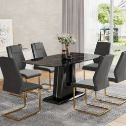 Dining Table Chairs Set of 6, Dining Table Set for 6, Black Faux Marble Dining Tabletop with MDF Table Legs and 6 Modern Chairs Set for 6, Suitable fo