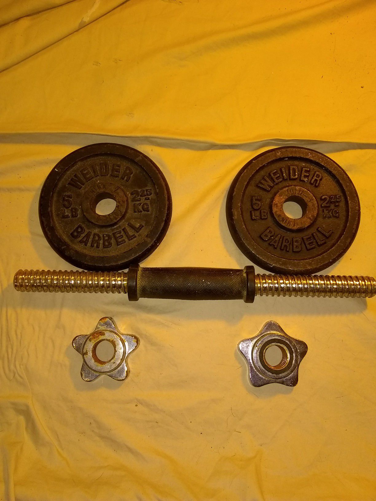 2 5lb. (2.25 kg) Weider Barbell Plates, Clips, and Bar
