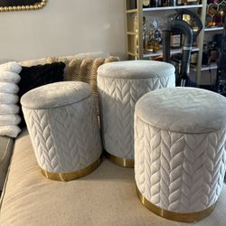 Three Gold And Grey Storage Stools