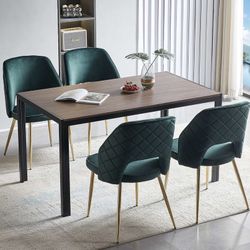 Modern Dining table Chair Set of 5, Forest Green Velvet Fabric Upholstered Accent Chairs with Golden Metal Legs, Round Back Side Chairs