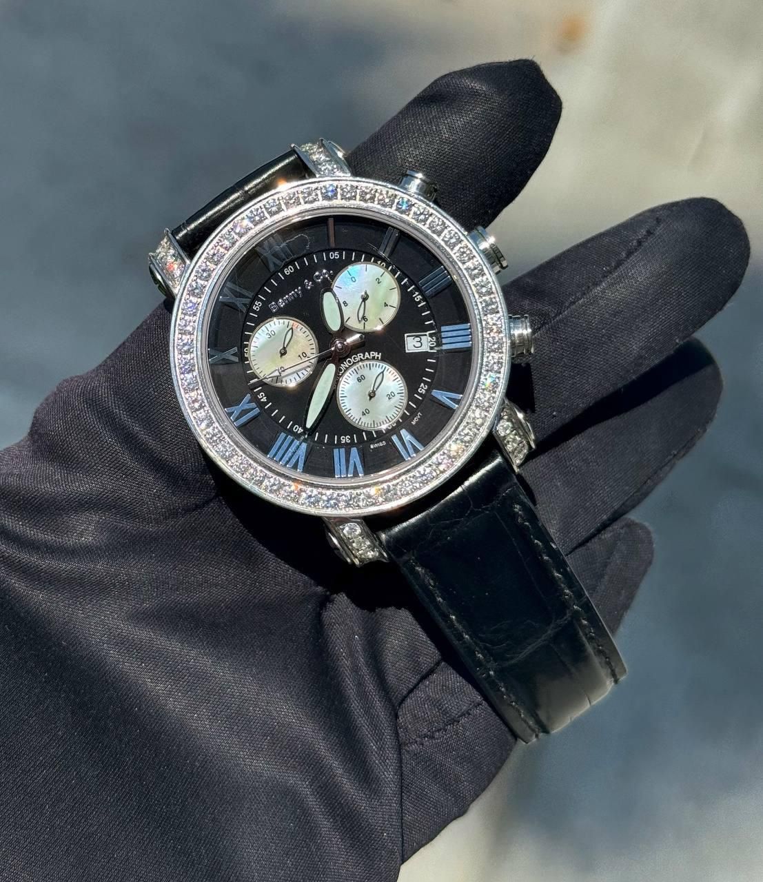Men's Diamond Benny and Company Watch 6ct Black Roman silver dial