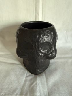 Black Skull Vase with Floral Embossed Detail