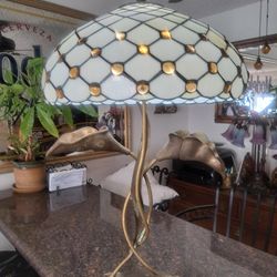 Tiffany Style Glass,  Solid Brass Vintage Table Lamp  