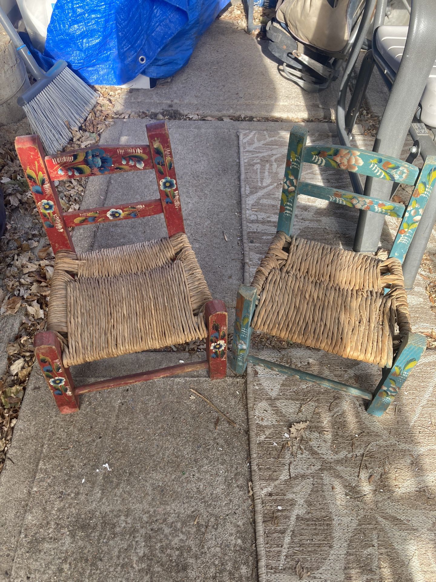 Two Wicker Woven Kids Or Doll Chairs
