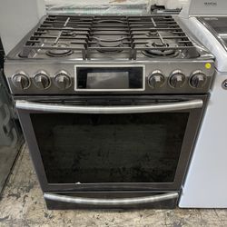 Samsung 30” Slide In Gas Range In Black Stainless Used