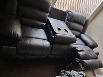 Black Leather Reclining Loveseat with Console