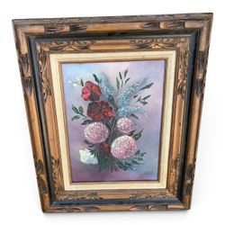 Vintage Floral Oil Painting in Carved Wood Frame