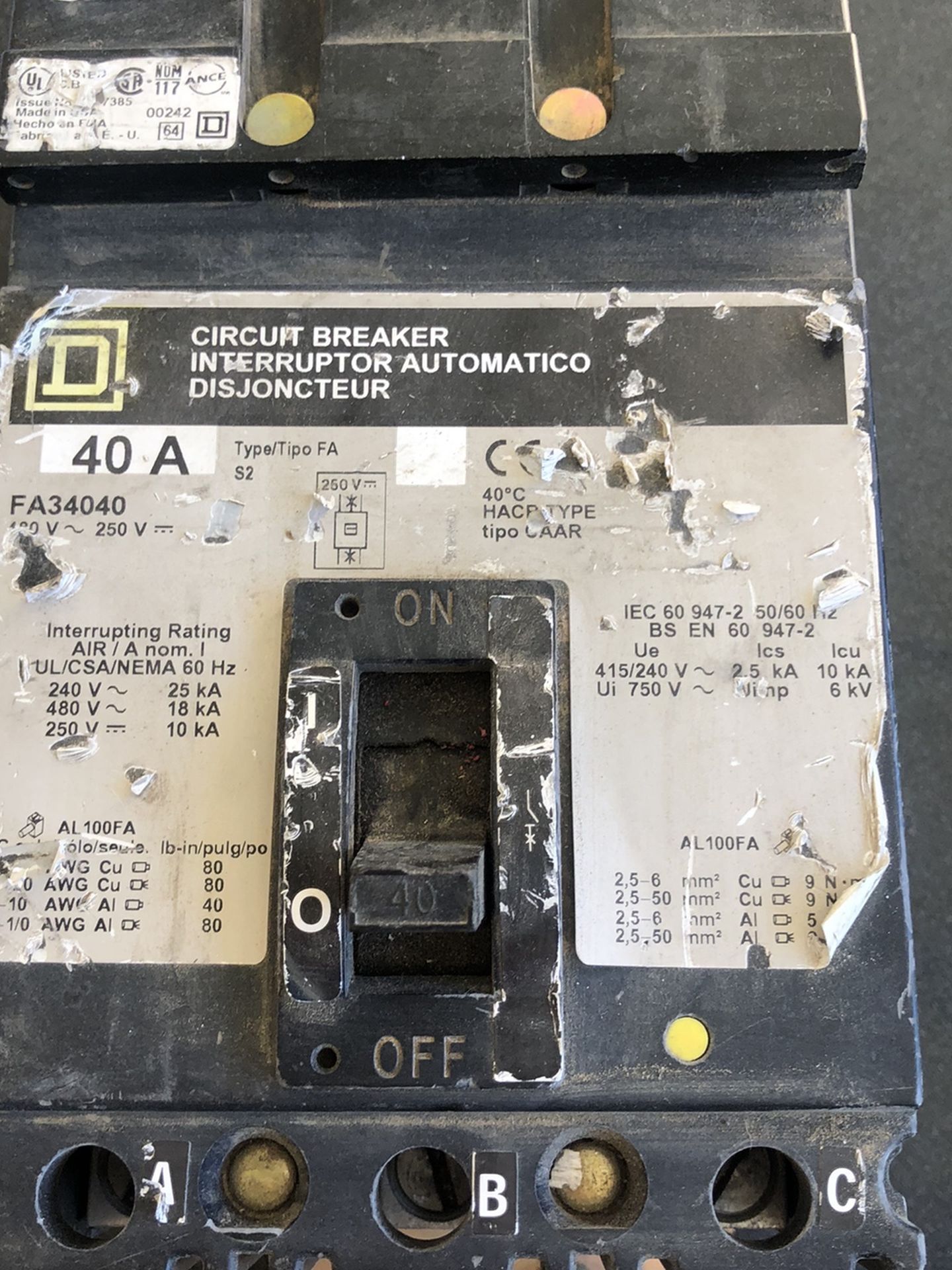 Square D Circuit Breaker Interruptor Automatico Disjoncteur 40 A 3 Pole