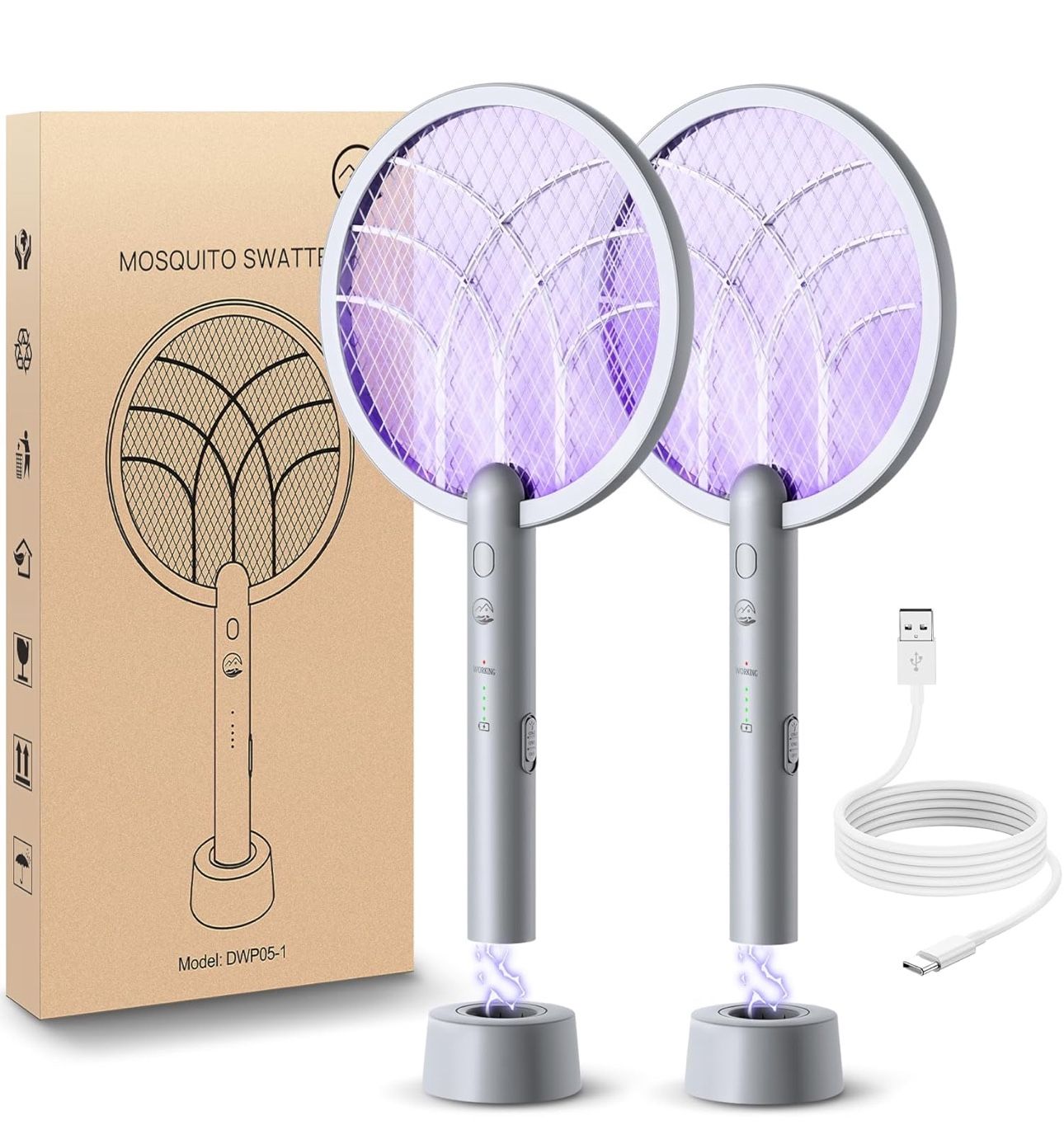Electric Fly Swatter Racket, Mosiller 2 in 1 Smart Bug Zapper & Power Take Off Generators with USB Rechargeable Base, Powerful Mosquitoes Trap Lamp &