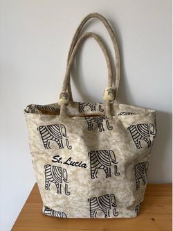 Authentic Rima St. Lucia Souvenir Bag Canvas Tote Wooden Beads & Elephant Theme