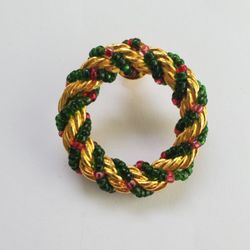Vintage Gold Tone With Red and Green Beads Rope Design Christmas Wreath Brooch Lapel Pin