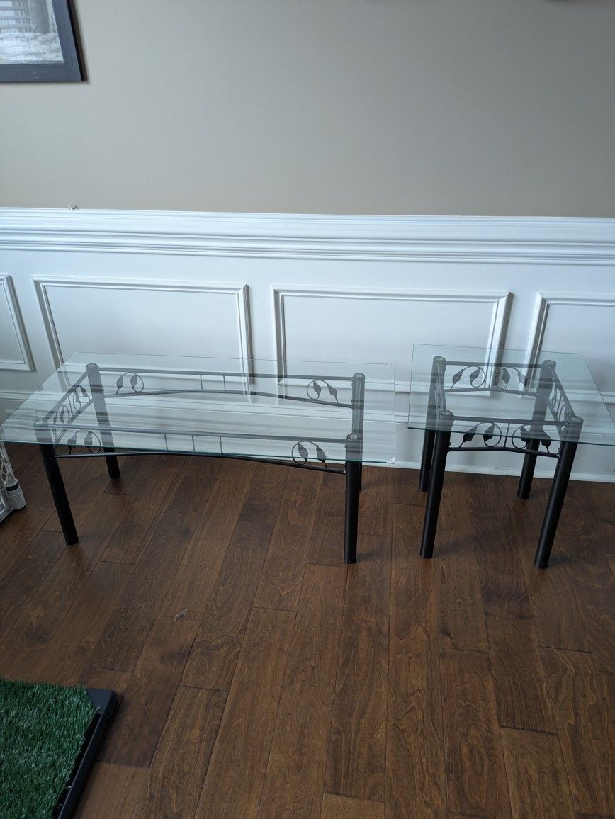 Glass And Black Ornamental Metal Coffee Table And End Table