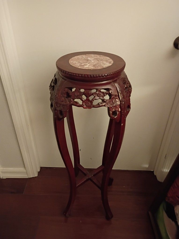 36" Tall Carved Wood & Marble Top Plant Table