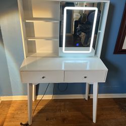  Modern White Makeup Vanity Desk with LED Lighted Mirror & Shelves  