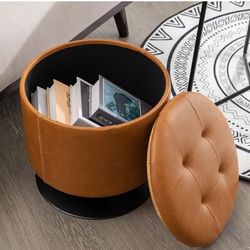 Round Storage Ottoman Swivel Foot Stool,Leather Tufted Pouf Foot Rest Ottoman with Storage, Vanity Stool with Removable Lid,Side Coffee Table Storage 