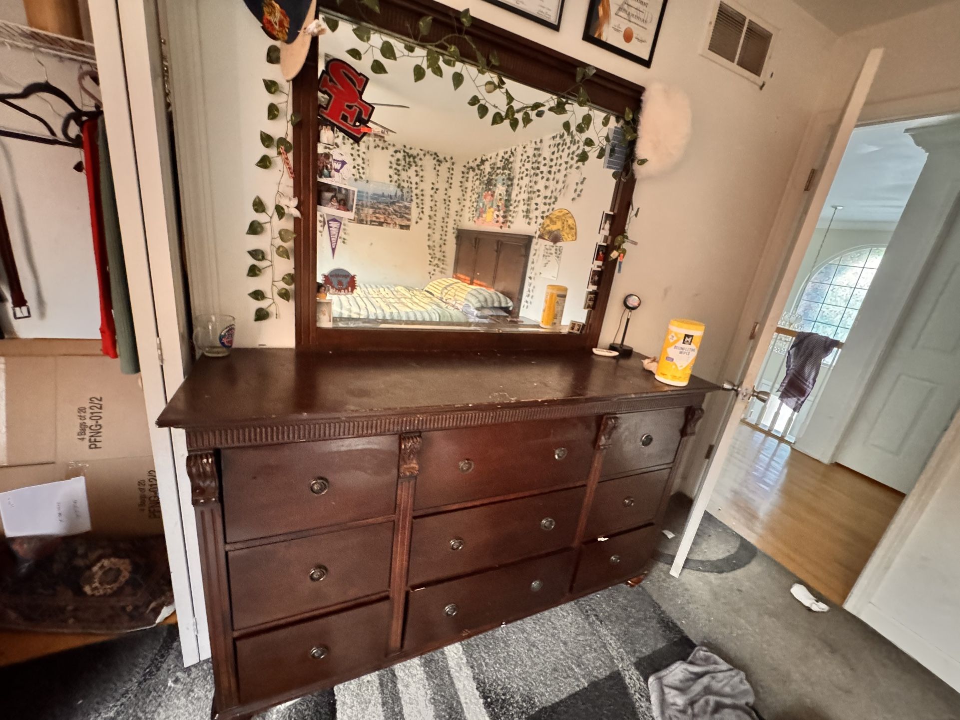 King Size Bed Room Set With Mattress & Spring box , Nightstand, Dresser, And Headboard