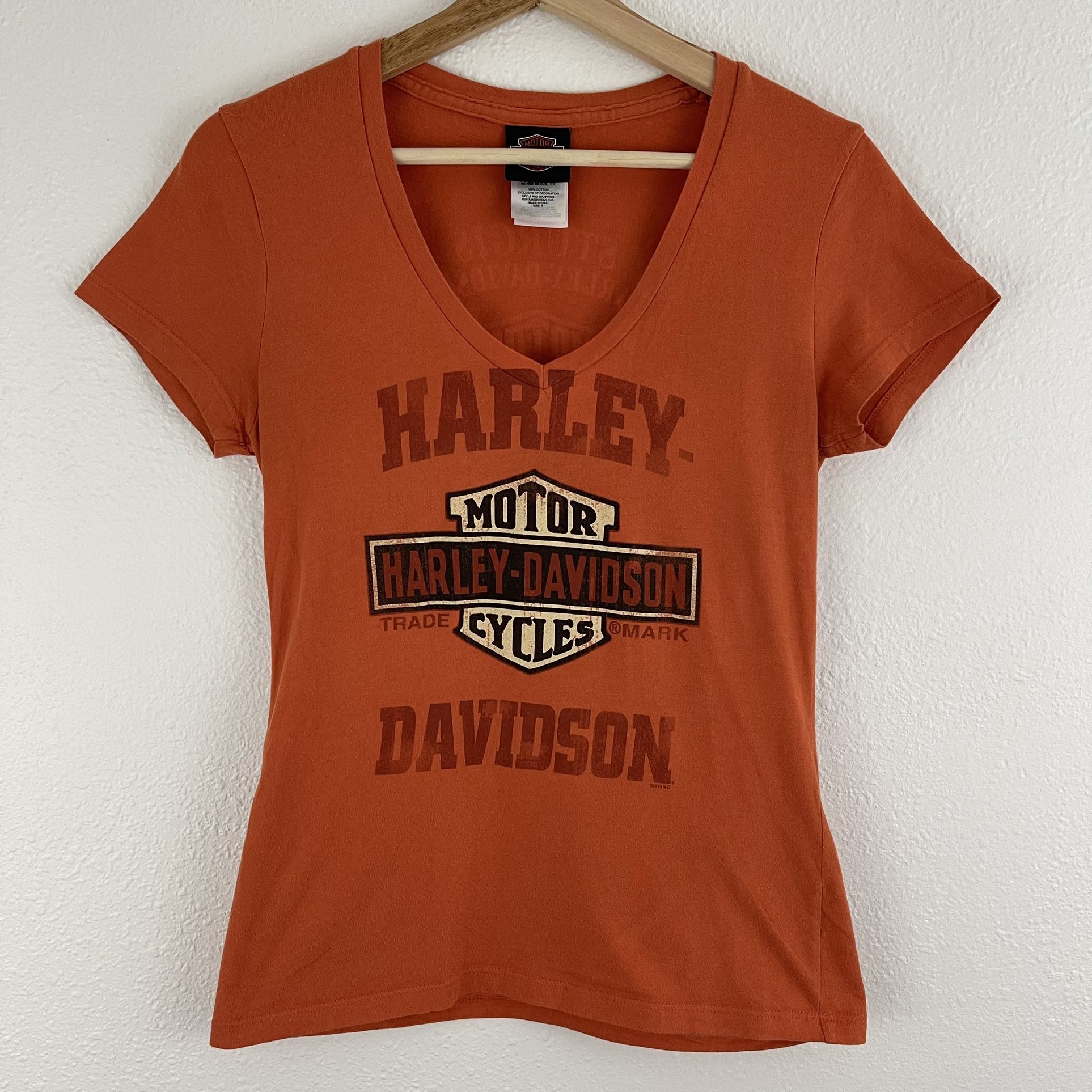 HARLEY DAVIDSON Orange Sturgis South Dakota Logo V Neck Short Sleeve Graphic Tee