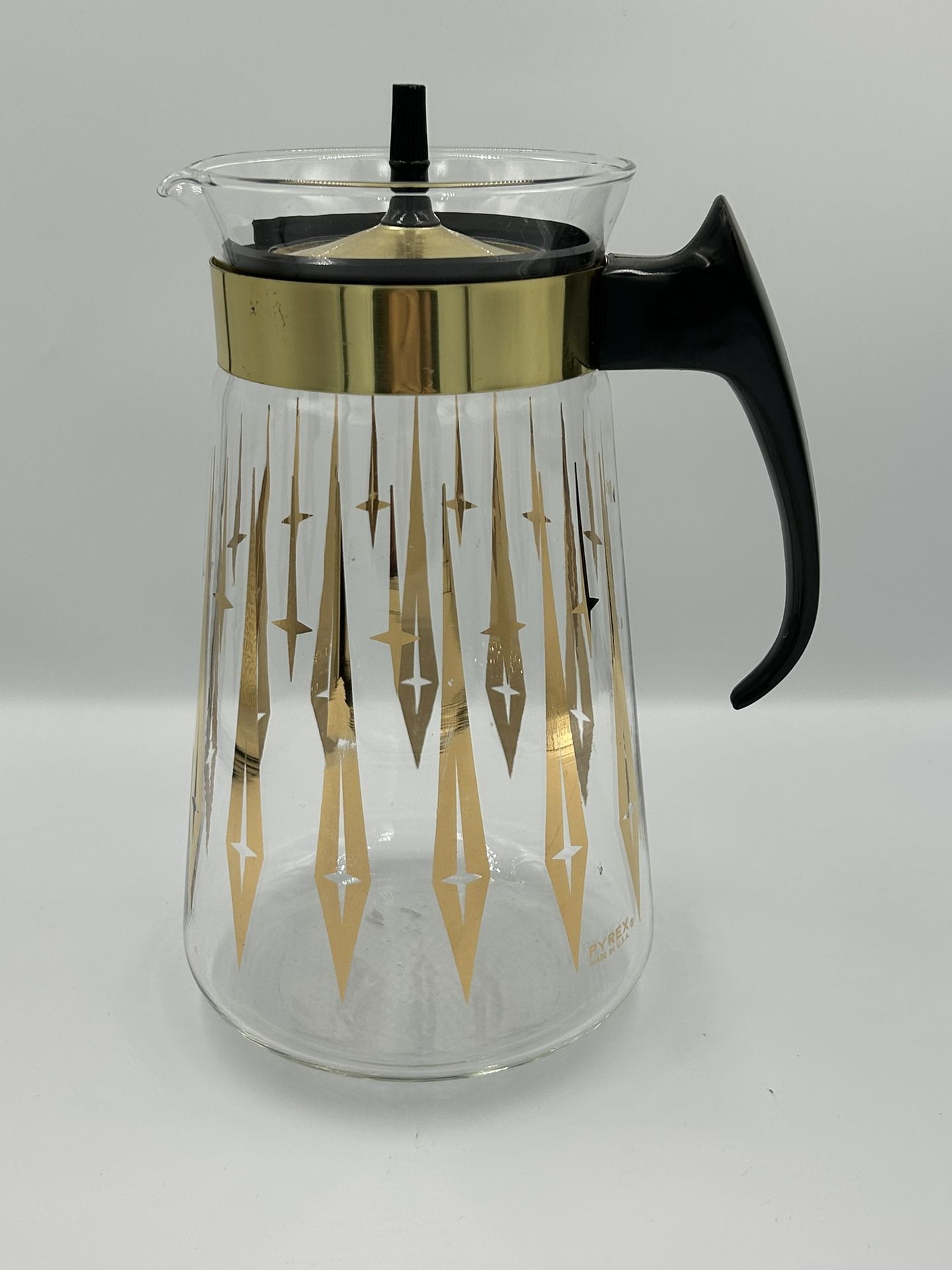 Vintage MCM Pyrex Glass Coffee Carafe Gold Diamond Atomic Design