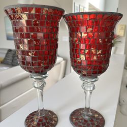 Crackled red mosaic glass candle holder