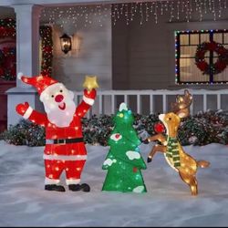 NEW Home Accents Holiday 3-Piece LED Santa, Deer, and Tree Christmas Yard Decor