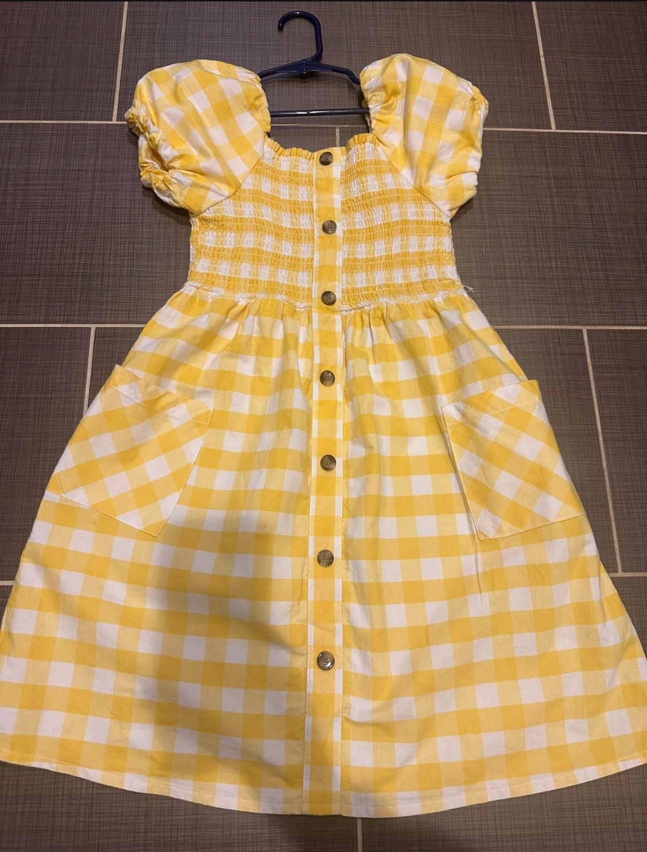Girls Yellow Checkered Summer Dress Size M 7-8