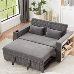 #140ABC. 61.4 in. Modern Gray Tufted Chenille Convertible Twin Sofa Bed with Pull-Out Sleeper, Storage Shelves, Cup Holder