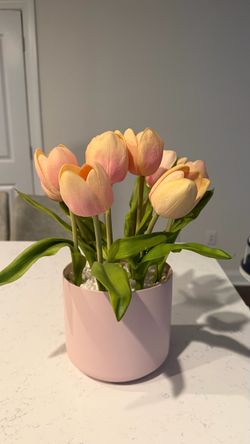 Faux Tulip Arrangement in Pink Ceramic Pot
