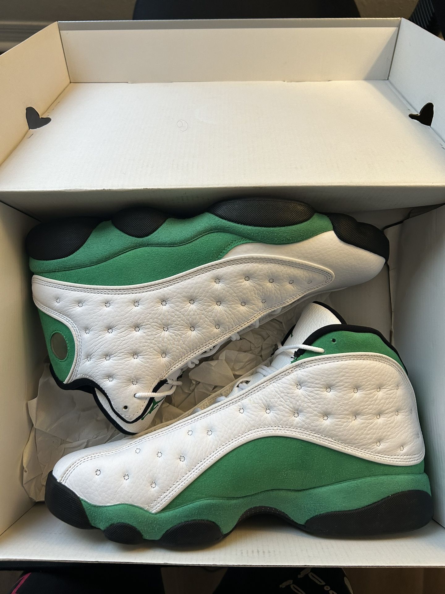 White Lucky Green Jordan 13s