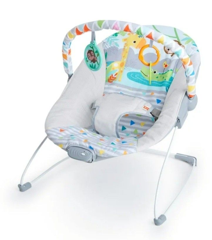 Bright Starts Vibrating Infant Baby Bouncer with Toy Bar, Safari Fun

