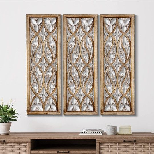 Carved Wood Wall Art Decor,Hand Carving on Wood, Antique Distressed Wood Panels Wall Art Decorative Sculpture Hanging Wall Décor, Elegant Wood Wall