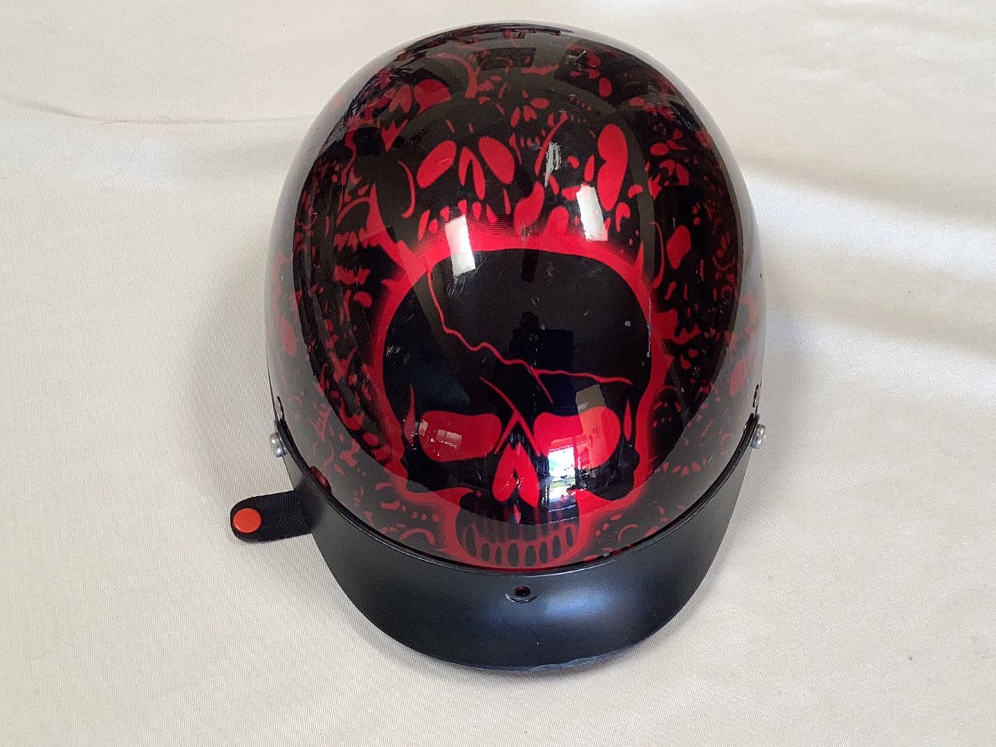 Motorcycle Helmet Half Dome With Red & Black Skull Pattern. Size XL 