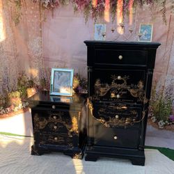 French Boho Style Wooden Bedroom Set Colors Black Gloss And Gold Metallic Set Including Bed,rails,slants,nightstand,tall Dresser King /California King