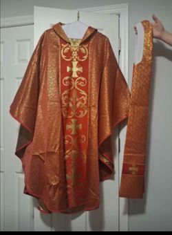 Pre Vatican II liturgical vestments, specifically a chasuble and a matching stole