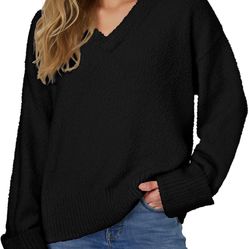 Women's Oversized Sweater Fuzzy Chunky Knit V Neck Long Sleeve Warm Pullover Sweater