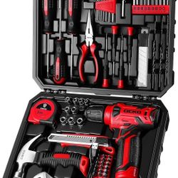 DEKOPRO Drill Set: Tool Set with 8V Red Cordless Drill, Home Tool Kit with Drill, Hand Tool Kits for Women 126 Piece