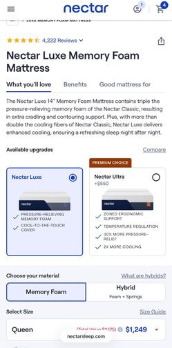 Nectar Lux memory foam mattress size Queen