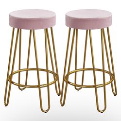 Bar Stools Set of 2, Velvet Round Counter Stools, Backless Counter Height Bar Chairs with Golden Legs for Kitchen Dining Room Pub Cafe, Pink