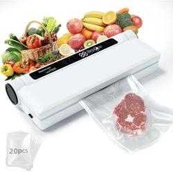 New-Food Vacuum Sealer Machine, 75KPA Strong Suction, Dry/Wet Modes, 20 Vacuum Seal Bags for Food, Digital Countdown Timer, Compact Lightweight, Ideal