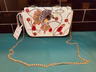 Beautiful hand beaded bag with hummingbird design and long gold chain strap