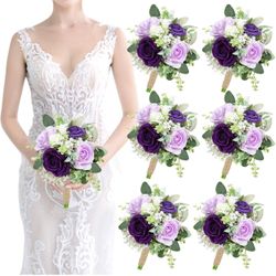 New Purple Bridesmaids Bouquets Set of 6 - 7 Inch Artificial Flowers Bridesmaid Bouquet for Wedding