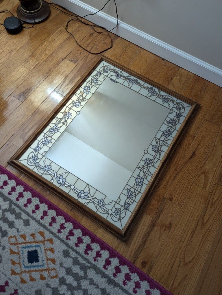 MCM Windsor Art Marsel Wood Framed Wall Mirror Floral Scrolls Stained Glass Faux