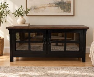 Two-Tone Wood and Black TV Stand with Glass Doors