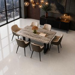 Modern Dining Table with 6 PU Leather chairs, 62.9-inch Rectangular Wooden Dining Table Set With Chairs.