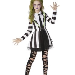 Beetlejuice Costume XL 14 16 Girls Kids One Piece + Bow Spirit Halloween Dress Up