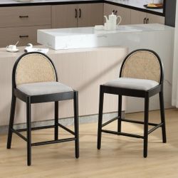 New Modern Linen Counter Stools Set of 2, 26" Seat Height Low Bar Stools with Wooden Legs Natural Rattan Cane Back Counter Height Bar Chairs 