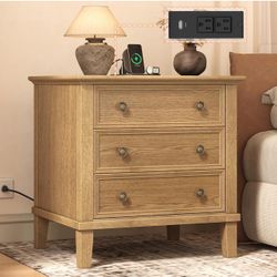Teak Brown 3 Drawers Nightstand with Charging Station