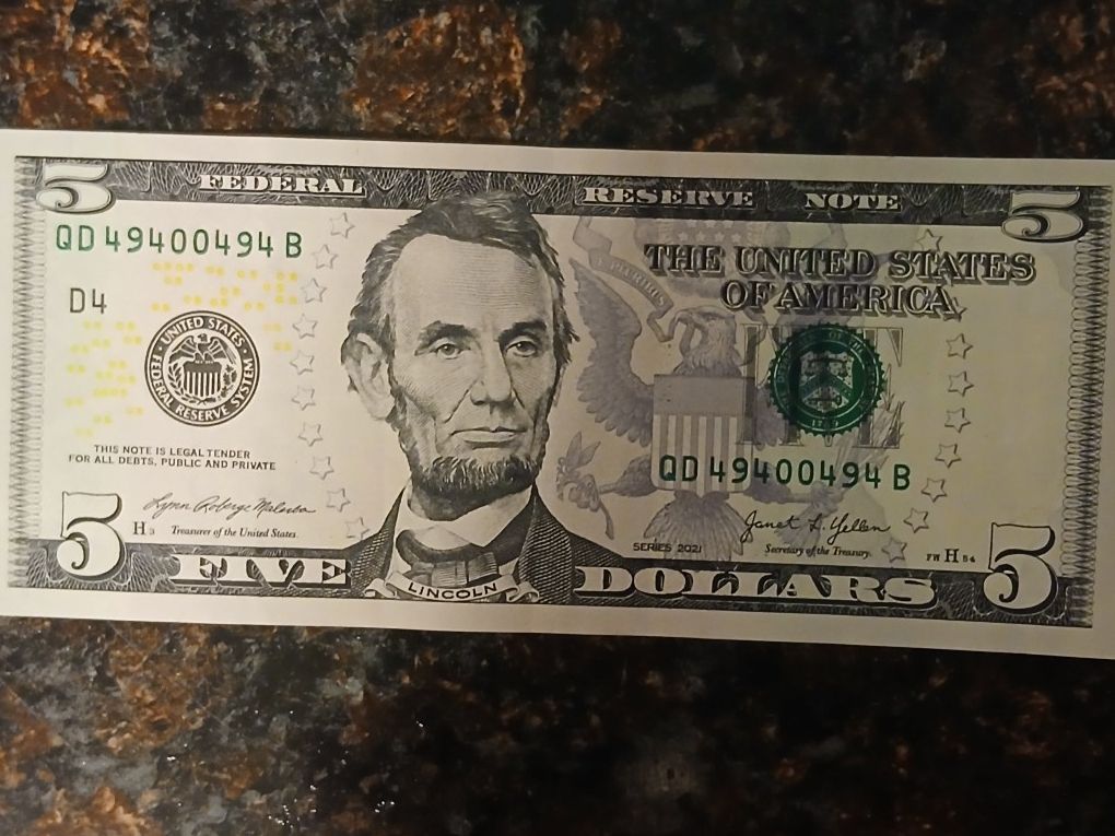 Rare/ Error $5 Note Serial Number Is RADAR