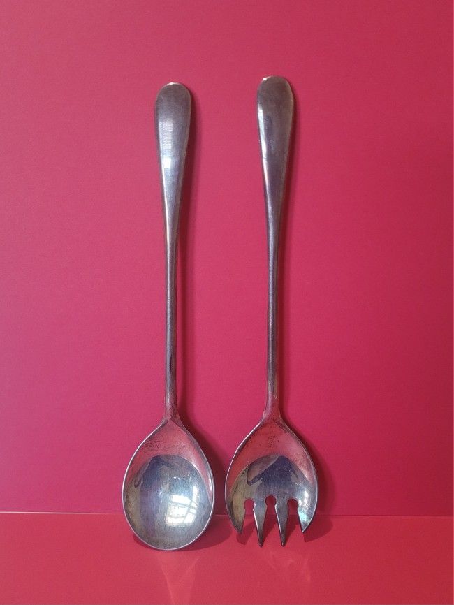 Vintage Set Salad Serving Spoon & Fork Silver Plated Lot Long 9 1/4" ITALY
