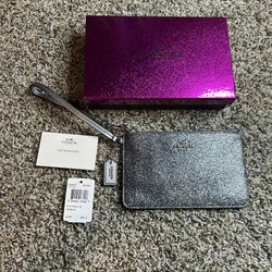 Coach Silver Glitter Small Wristlet With Box