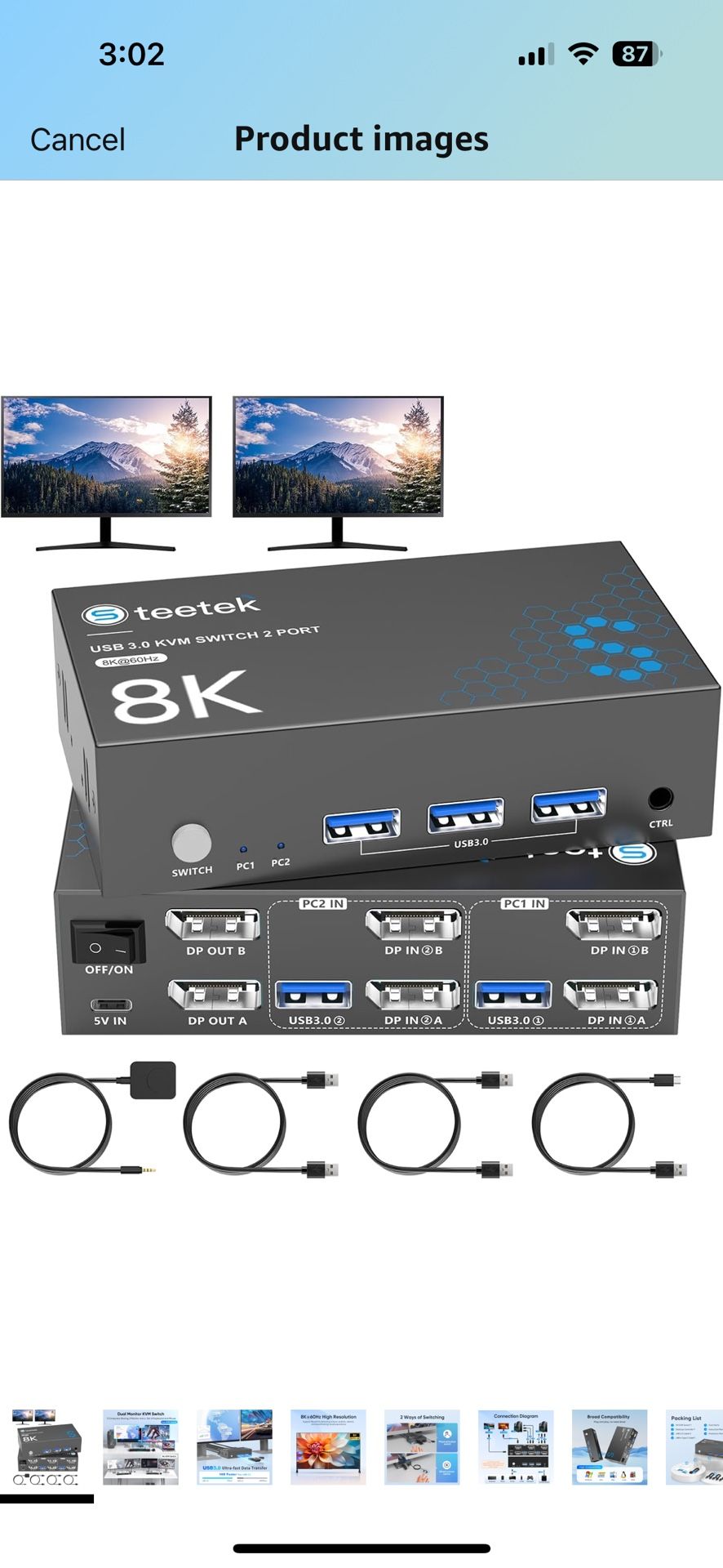 8K@60Hz KVM Switch 2 Monitors 2 Computers, USB3.0 DisplayPort KVM Switches, 4K@120Hz Dual Monitor for 1 Set of Keyboard Mouse Printer and U Disk with